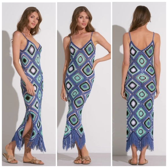 New Elan Aleki Diamond Crochet Blue Multicolor Maxi Dress/Swim Cover-Up Large - Picture 2 of 13